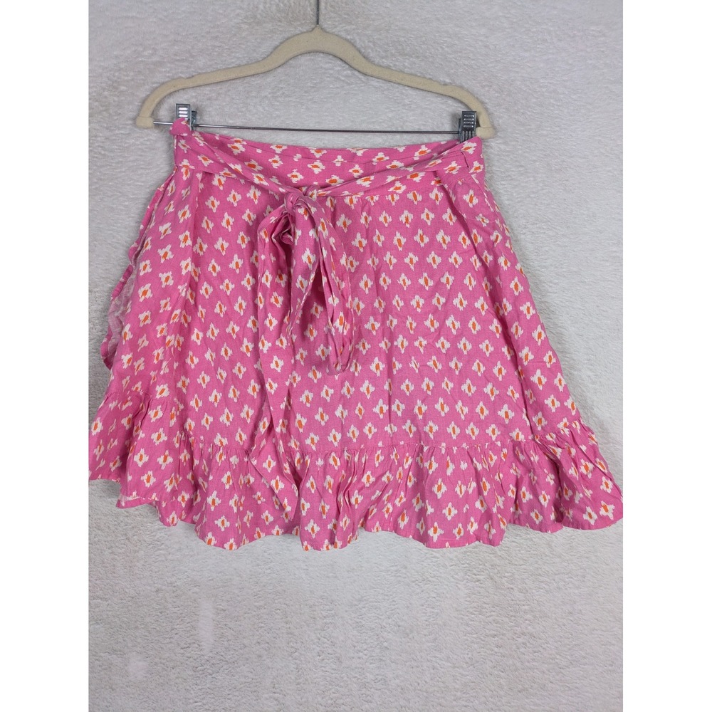 Aerie Skirt Women's XL Pink Ikat Ruffle Hem Tie Waist Mini Skirt